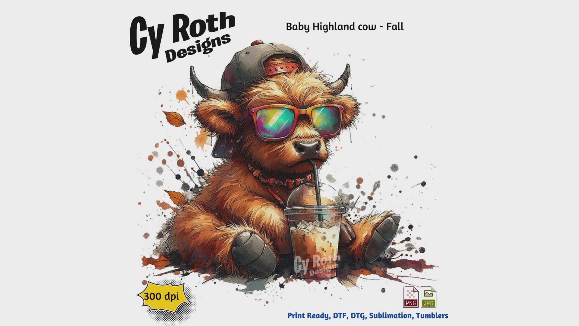 Baby Highland Cow with Fall decor. This is a sublimation file to make tumblers, t-Shirts, Printable Wall Art, Sweatshirts. Downloadable file.