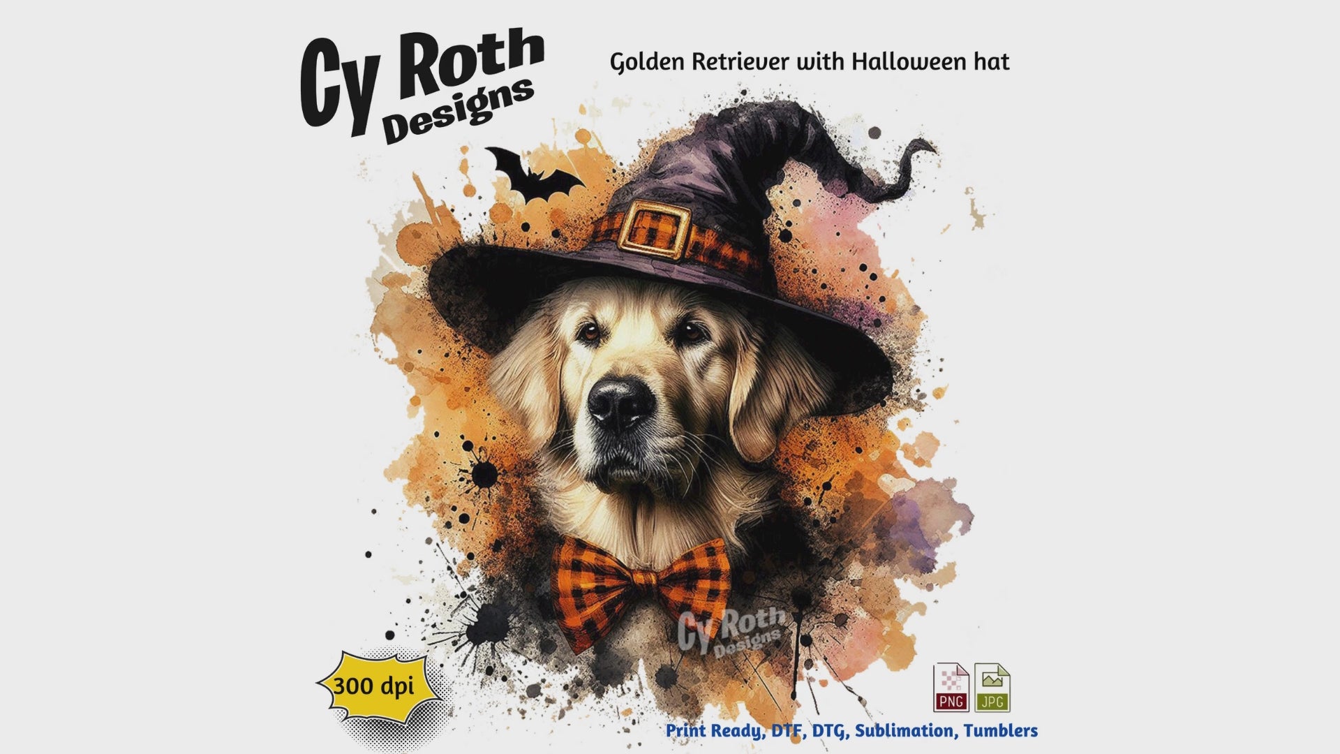 Dog wearing a witch hat with Halloween-themed design and promotional text for Cy Roth Designs.