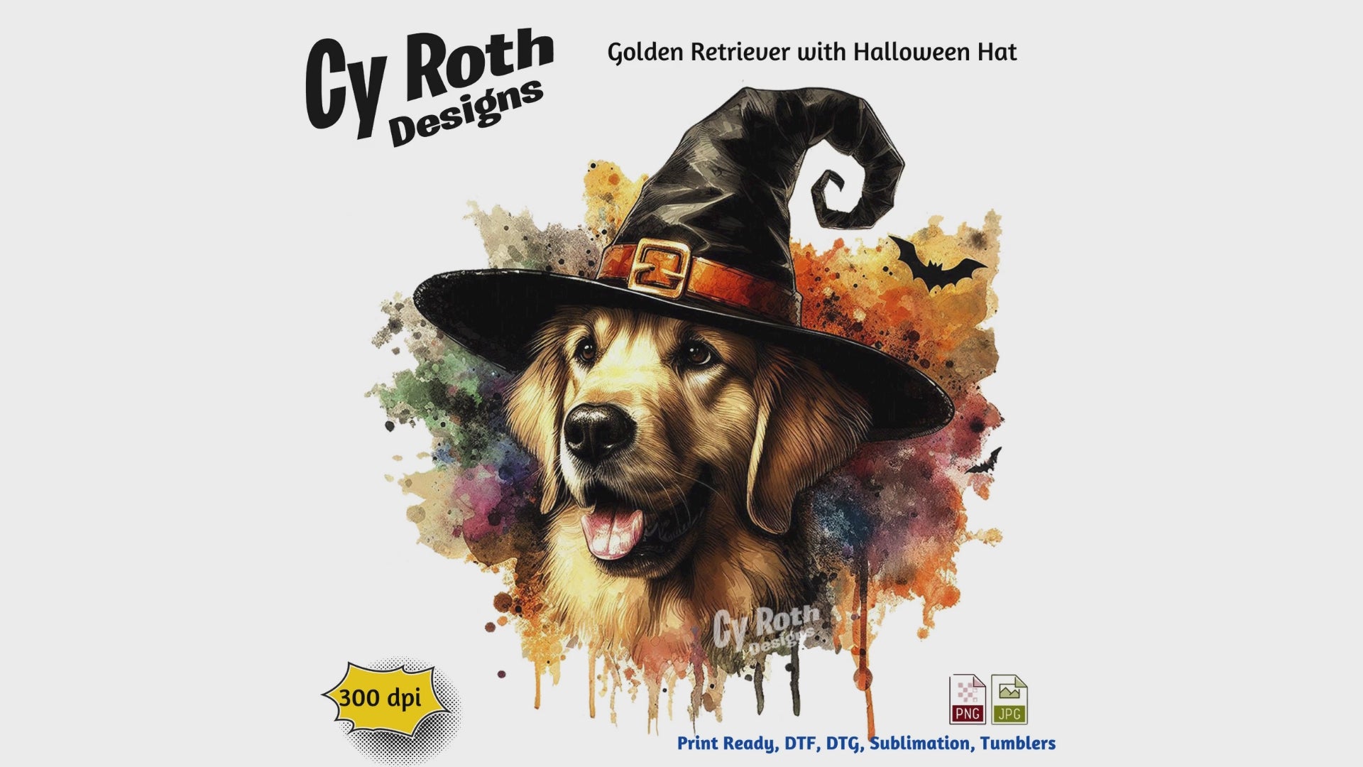 Golden Retriever with Halloween hat sublimation file to make tumblers, t-Shirts, Printable Wall Art, Sweatshirts