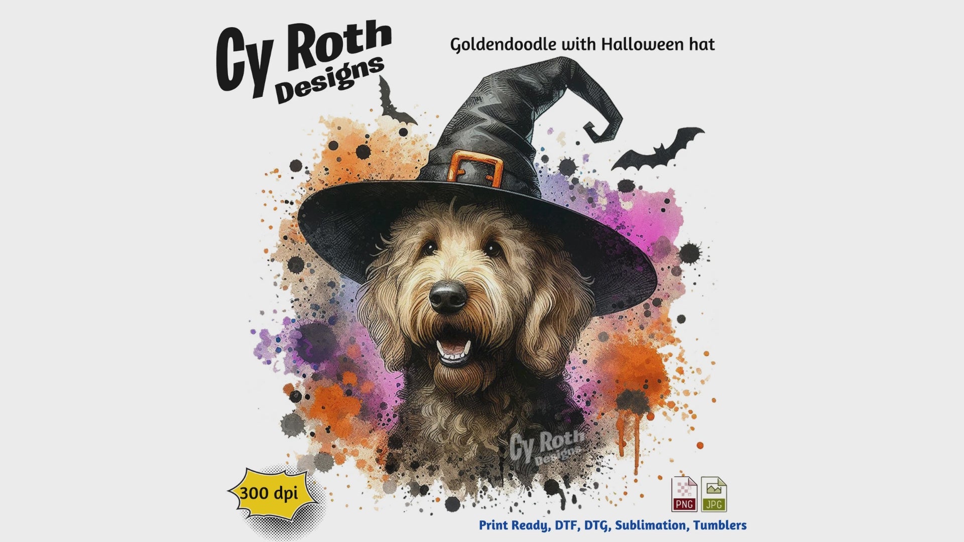 Goldendoodle wearing a witch hat with Halloween-themed background, Cy Roth Designs branding.