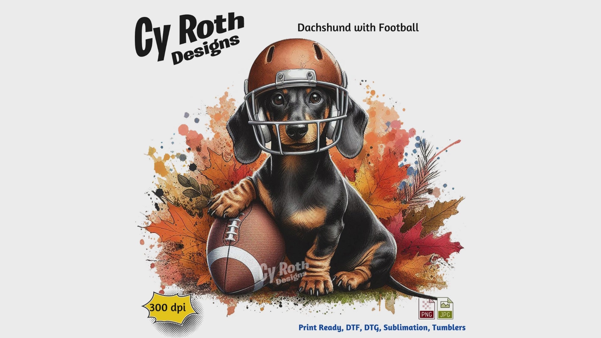 Dachshund wearing football helmet sublimation design for tumblers, T-Shirts, Wall Art (PNG, SVG Digital Download).
