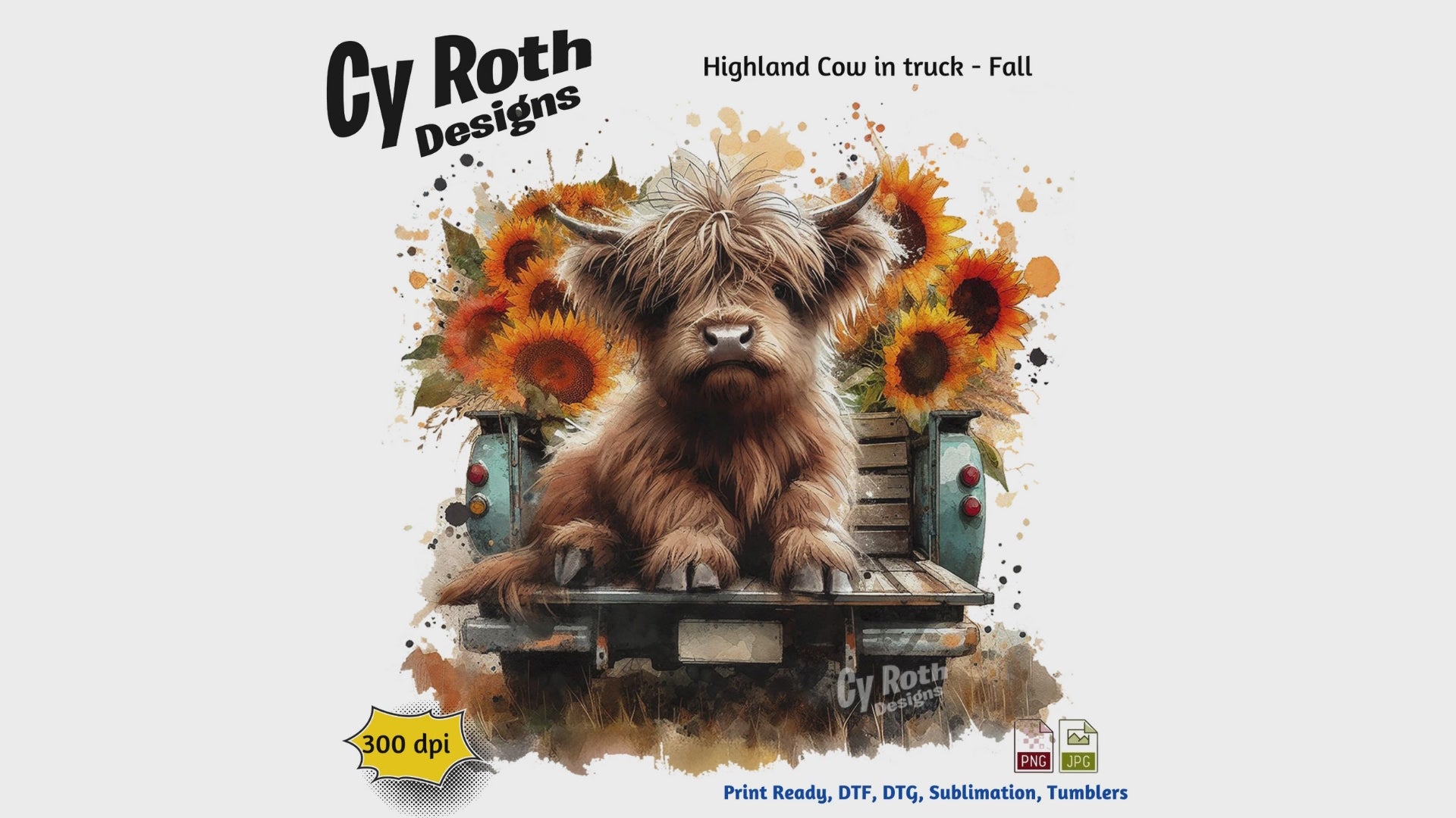 Highland Cow with sunflowers in back of vintage truck with Fall Decor