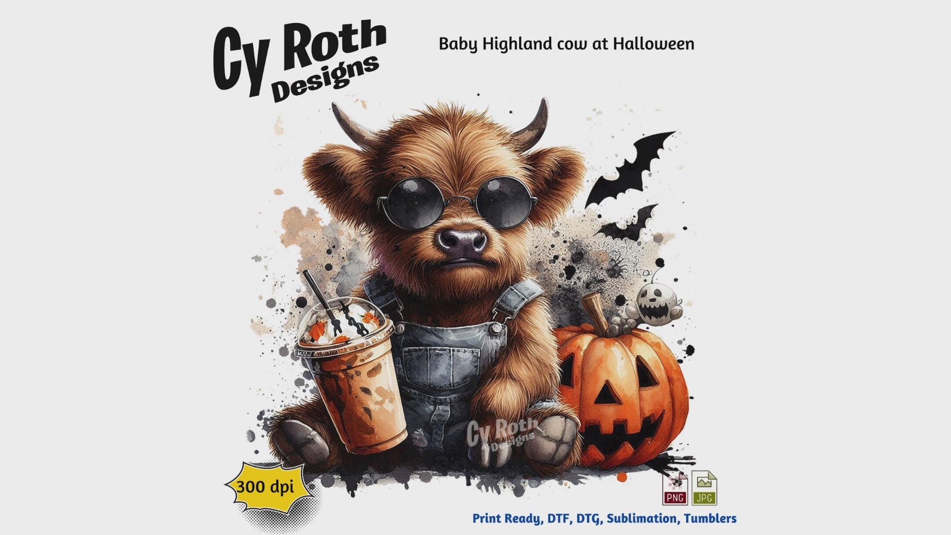 Baby Highland Cow at Halloween sublimation file to make tumblers, t-Shirts, Printable Wall Art, Sweatshirts. Great to make personalized gifts. Popular junk journal image also.