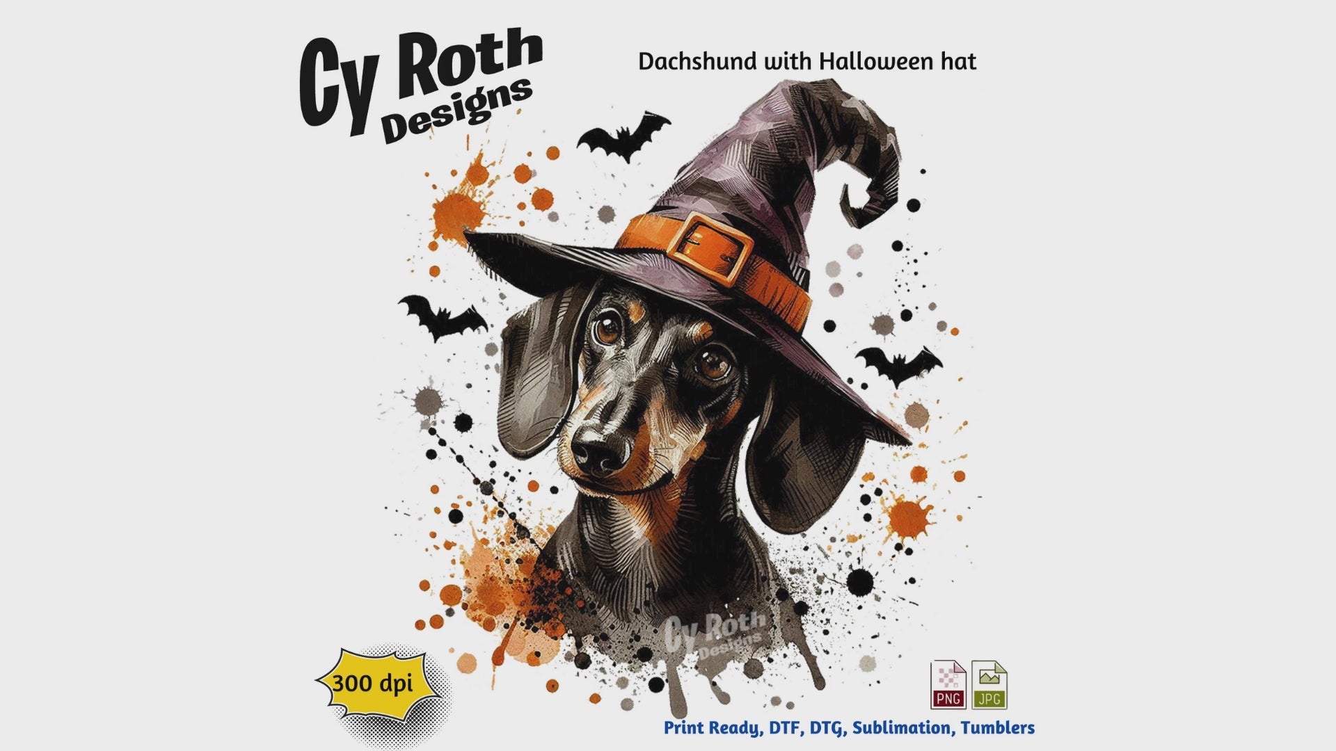 Dachshund wearing a Halloween witch hat with splatter effects and 'Cy Roth Designs' branding.