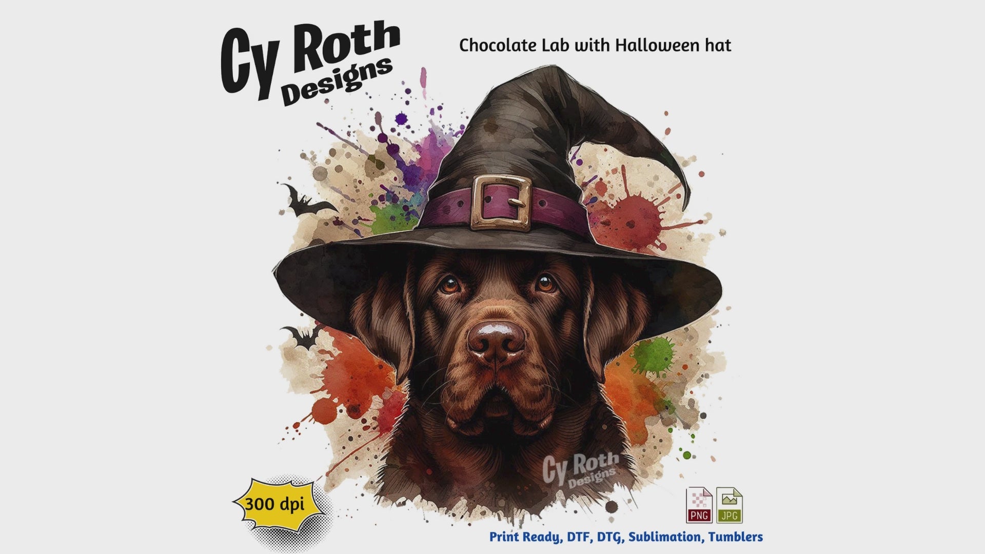 Chocolate Lab wearing a witch hat with Halloween-themed background, Cy Roth Designs branding.