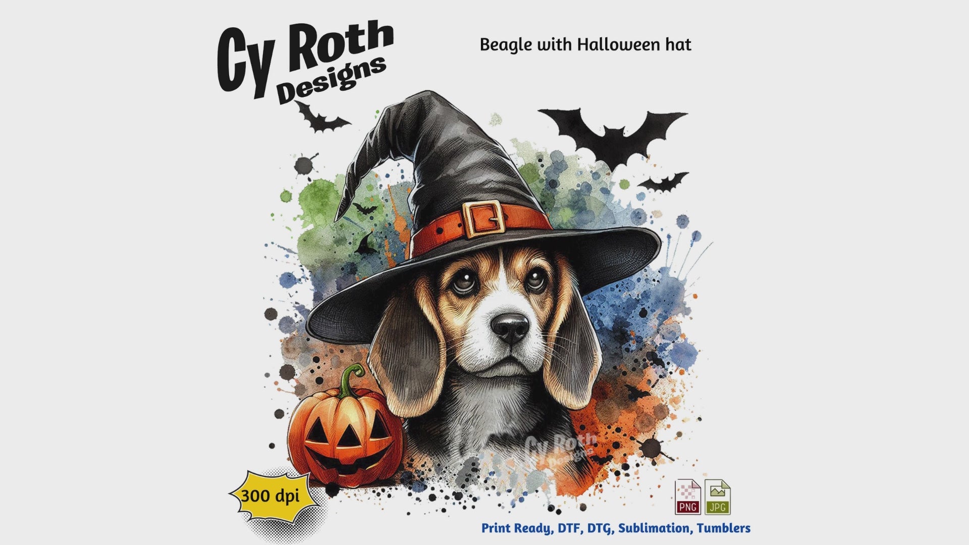 Beagle dog wearing a Halloween witch hat with pumpkins and bats on a colorful splatter background, featuring Cy Roth Designs.
