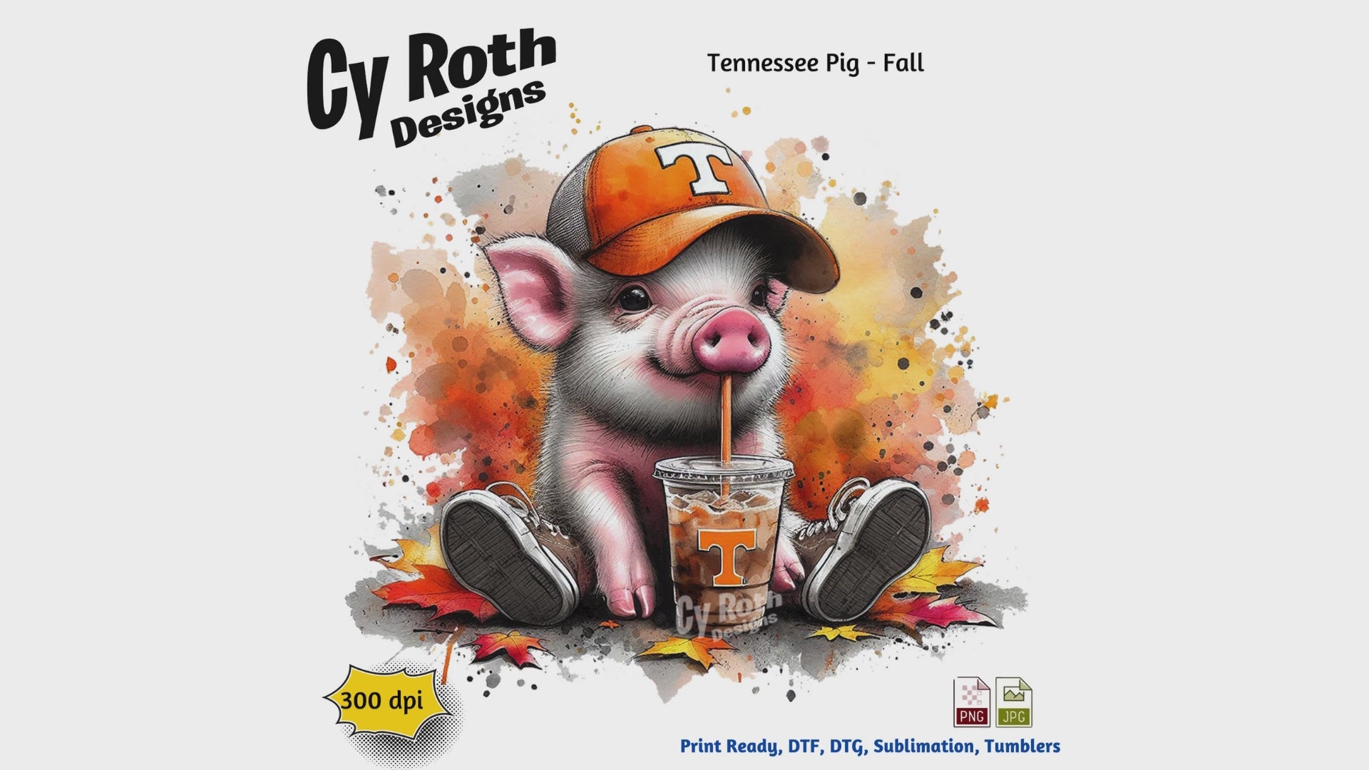 Tennessee Pig with Fall Decor sublimation design to make tumblers, t-Shirts, Printable Wall Art, Sweatshirts. Downloadable file.