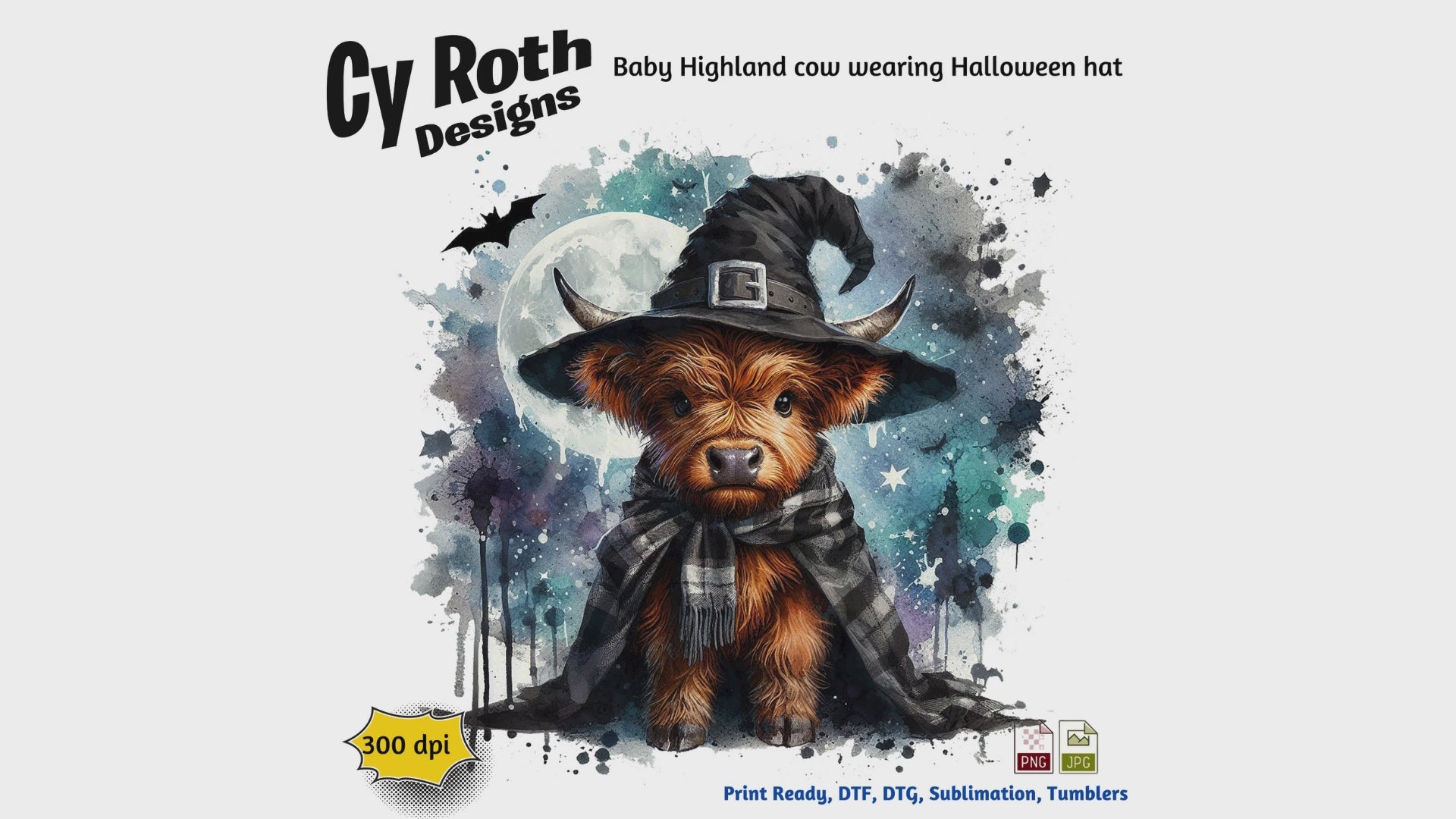 Baby Highland Cow wearing Halloween hat sublimation file to make tumblers, t-Shirts, Printable Wall Art, Sweatshirts. Great to make personalized gifts. Popular junk journal image also.