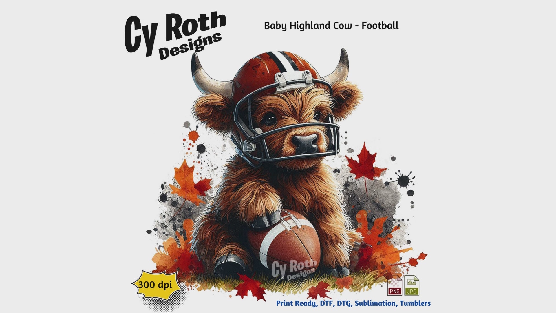 Highland Cow wearing football helmet sublimation design for tumblers, T-Shirts, Wall Art (PNG, SVG Digital Download).