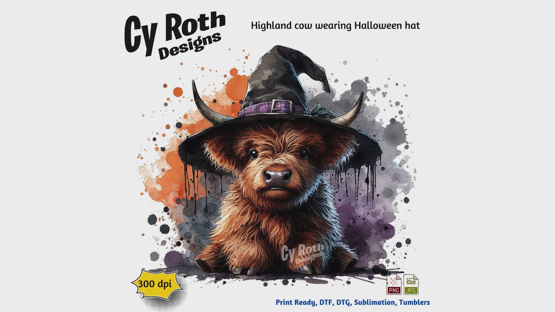 Highland Cow wearing Halloween hat sublimation file to make tumblers, t-Shirts, Printable Wall Art, Sweatshirts. Great to make personalized gifts. Popular junk journal image also.