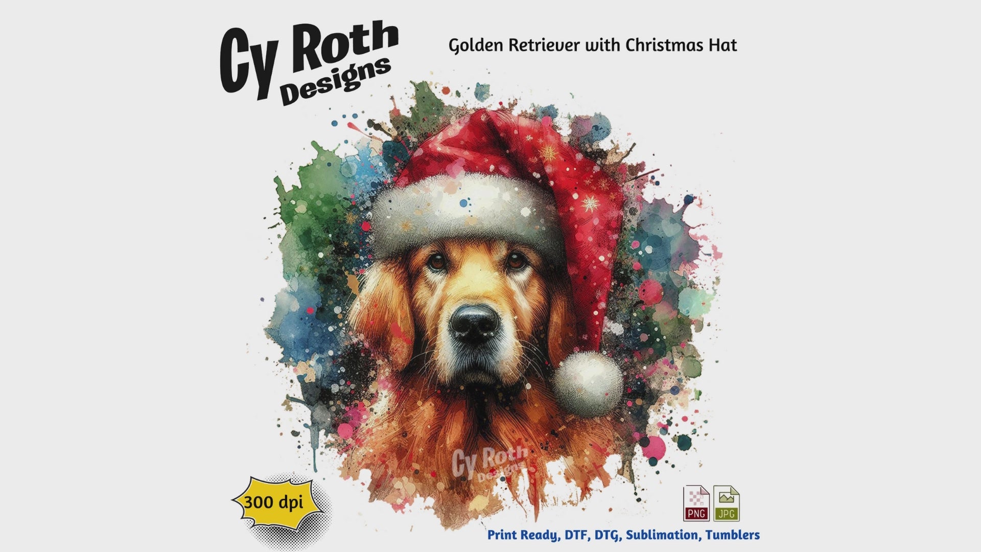 Dog wearing a Santa hat with colorful splashes and promotional text for Cy Roth Designs.