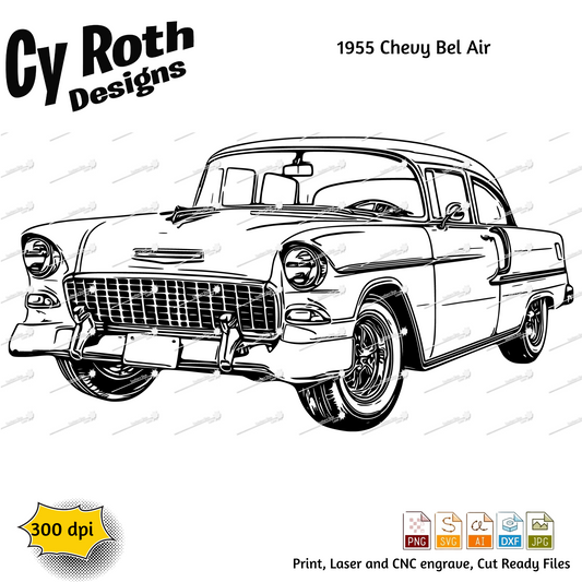 1955 Chevy Bel Air svg png jpg ai dxf file, for Silhouette, Cricut, Vinyl Plotters, Laser, CNC and Sublimation. Great for DTF and DTG.