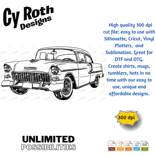 1955 Chevy Bel Air svg png jpg ai dxf file, for Silhouette, Cricut, Vinyl Plotters, Laser, CNC and Sublimation. Great for DTF and DTG.