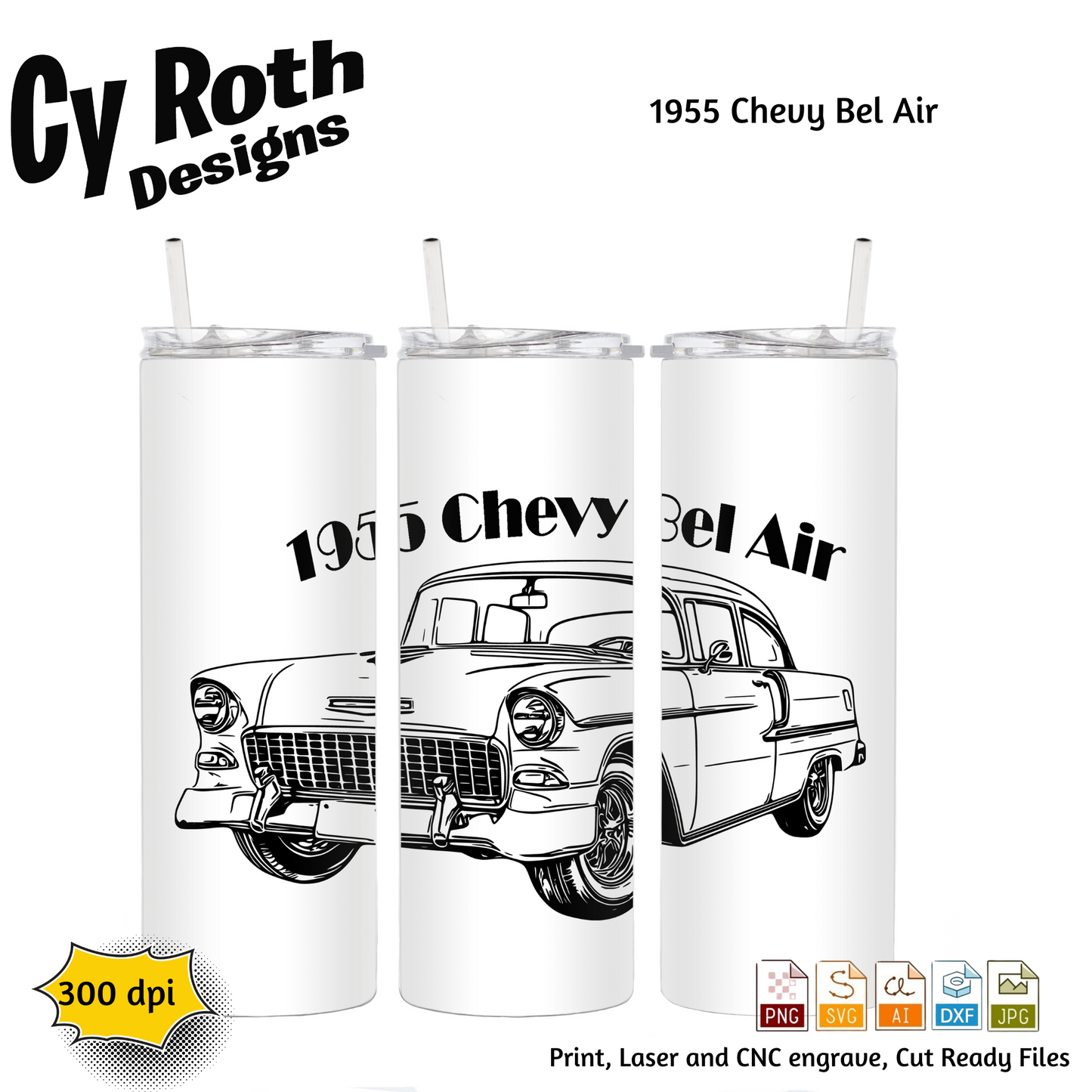 1955 Chevy Bel Air svg png jpg ai dxf file, for Silhouette, Cricut, Vinyl Plotters, Laser, CNC and Sublimation. Great for DTF and DTG.