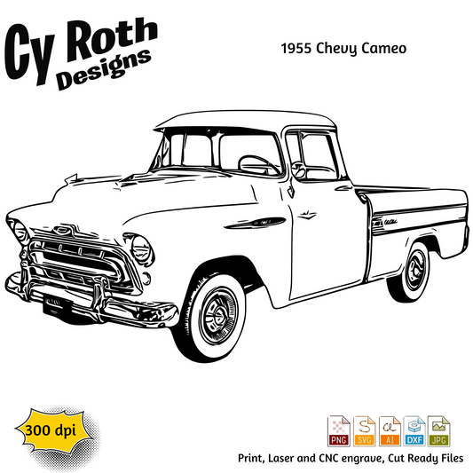 1955 Chevy Cameo Truck svg png jpg ai dxf file, for Silhouette, Cricut, Vinyl Plotters, Laser, CNC and Sublimation. Great for DTF and DTG.