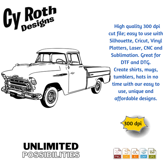 1955 Chevy Cameo Truck svg png jpg ai dxf file, for Silhouette, Cricut, Vinyl Plotters, Laser, CNC and Sublimation. Great for DTF and DTG.
