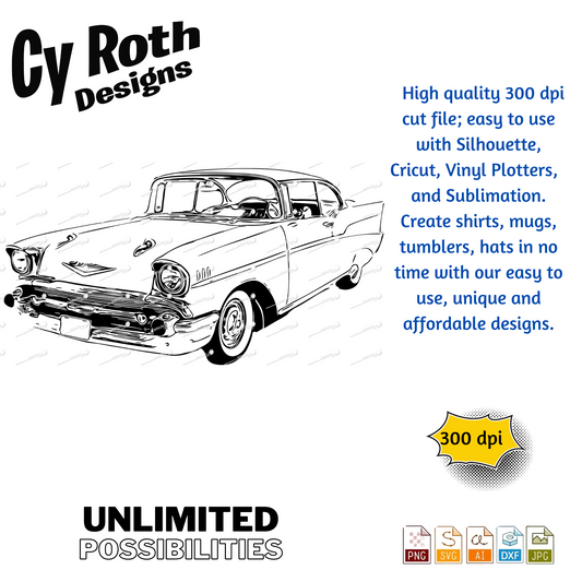 1957 Chevy Bel Air svg png jpg ai dxf file, for Silhouette, Cricut, Vinyl Plotters, Laser, CNC and Sublimation. Great for DTF and DTG.