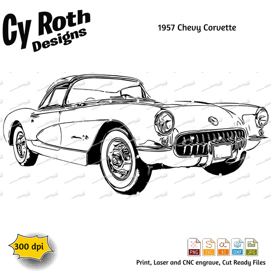 1957 Chevy Corvette svg png jpg ai dxf file, for Silhouette, Cricut, Vinyl Plotters, Laser, CNC and Sublimation. Great for DTF and DTG.