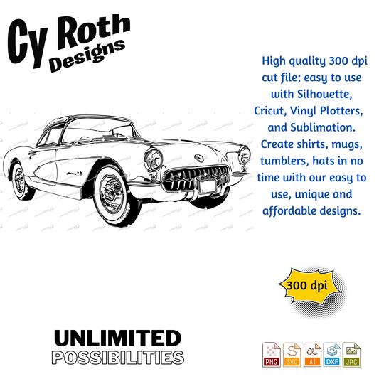 1957 Chevy Corvette svg png jpg ai dxf file, for Silhouette, Cricut, Vinyl Plotters, Laser, CNC and Sublimation. Great for DTF and DTG.