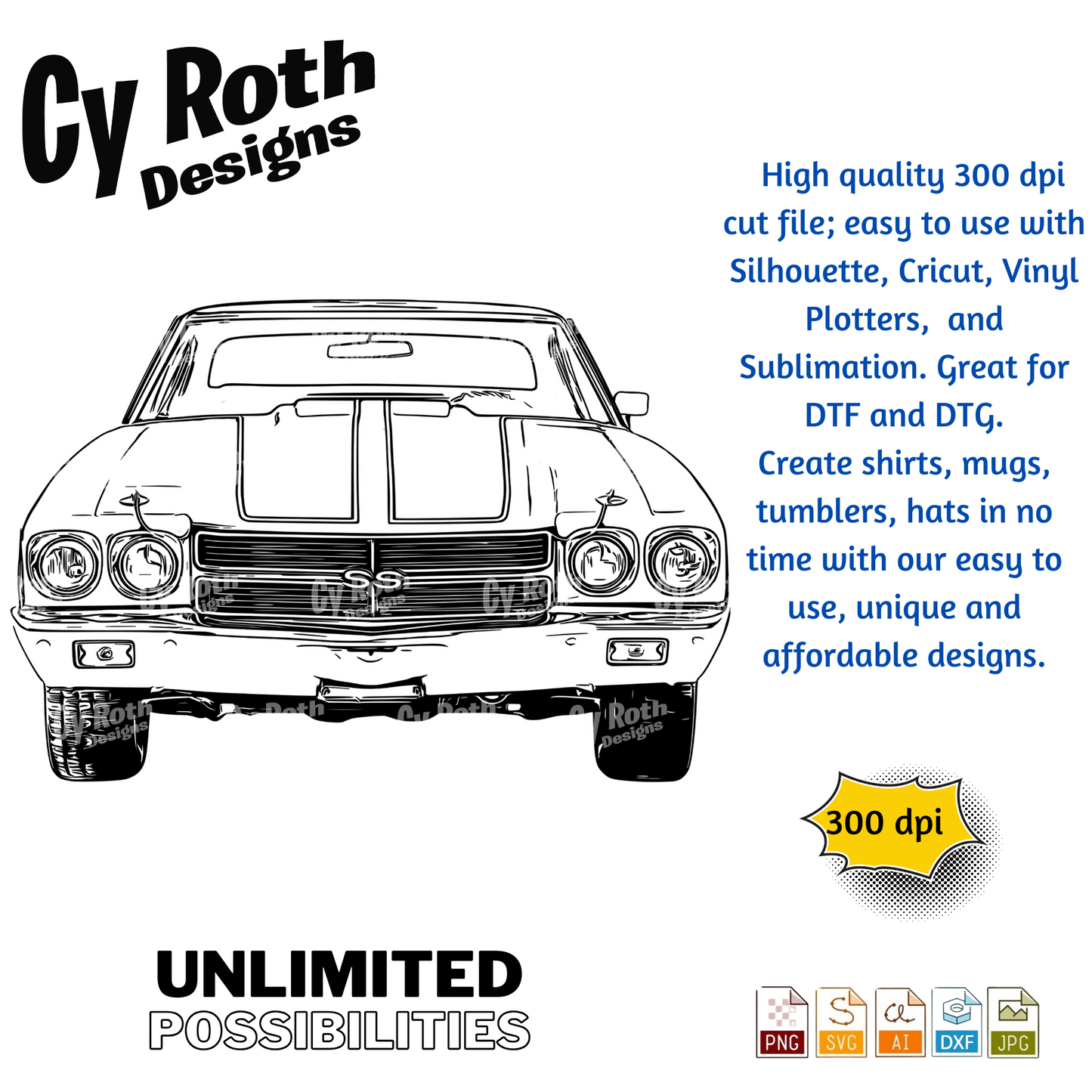 1972 Chevelle svg png jpg ai dxf file, for Silhouette, Cricut, Vinyl Plotters, Laser, CNC and Sublimation. Great for DTF and DTG.