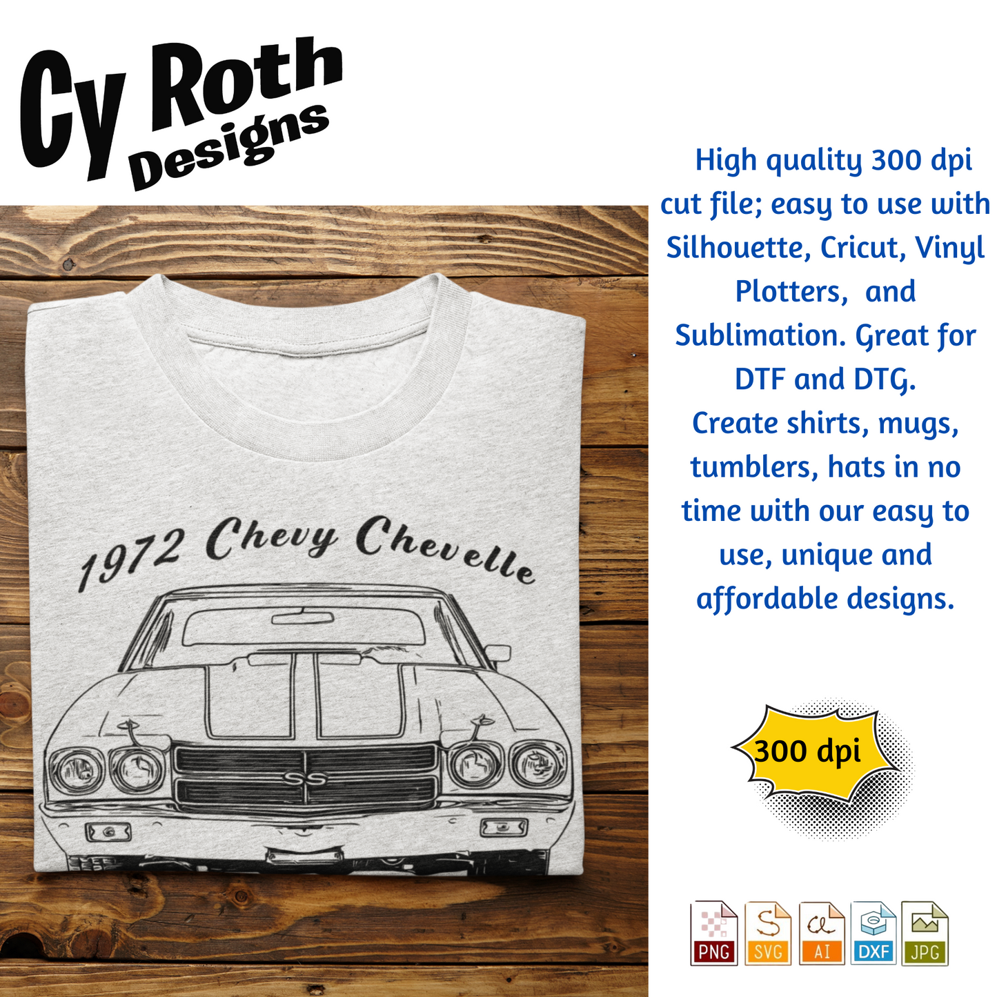 1972 Chevelle svg png jpg ai dxf file, for Silhouette, Cricut, Vinyl Plotters, Laser, CNC and Sublimation. Great for DTF and DTG.