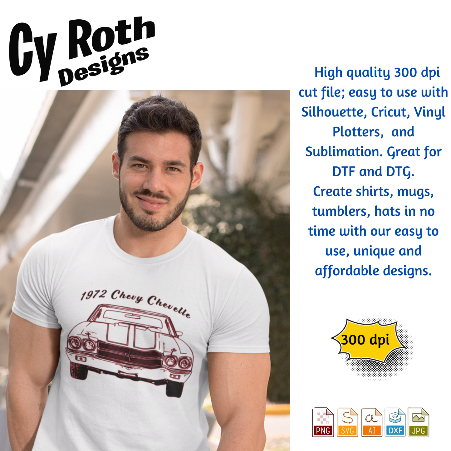 1972 Chevelle svg png jpg ai dxf file, for Silhouette, Cricut, Vinyl Plotters, Laser, CNC and Sublimation. Great for DTF and DTG.