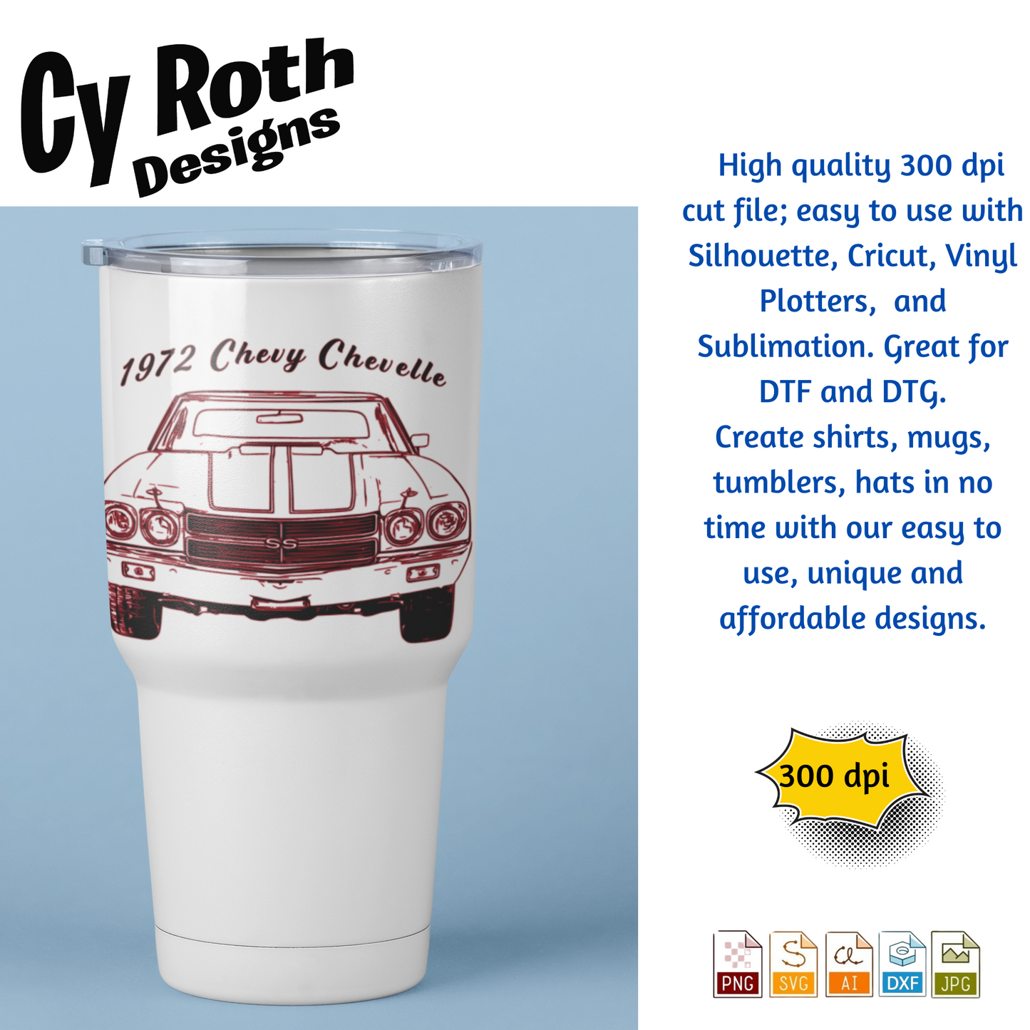 1972 Chevelle svg png jpg ai dxf file, for Silhouette, Cricut, Vinyl Plotters, Laser, CNC and Sublimation. Great for DTF and DTG.