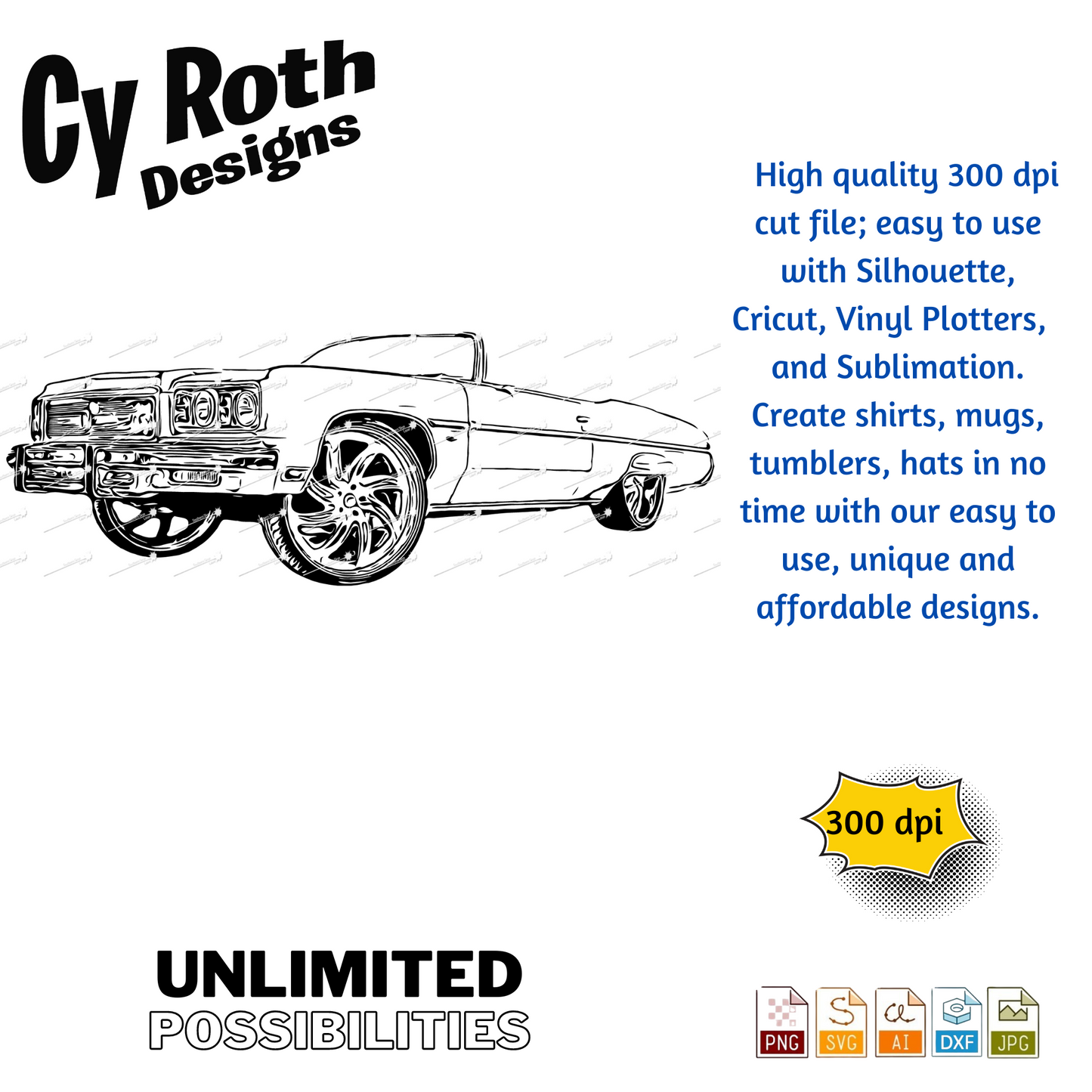 1975 Chevy Caprice DONK svg png jpg ai dxf file, for Silhouette, Cricut, Vinyl Plotters, Laser, CNC and Sublimation. Great for DTF and DTG.