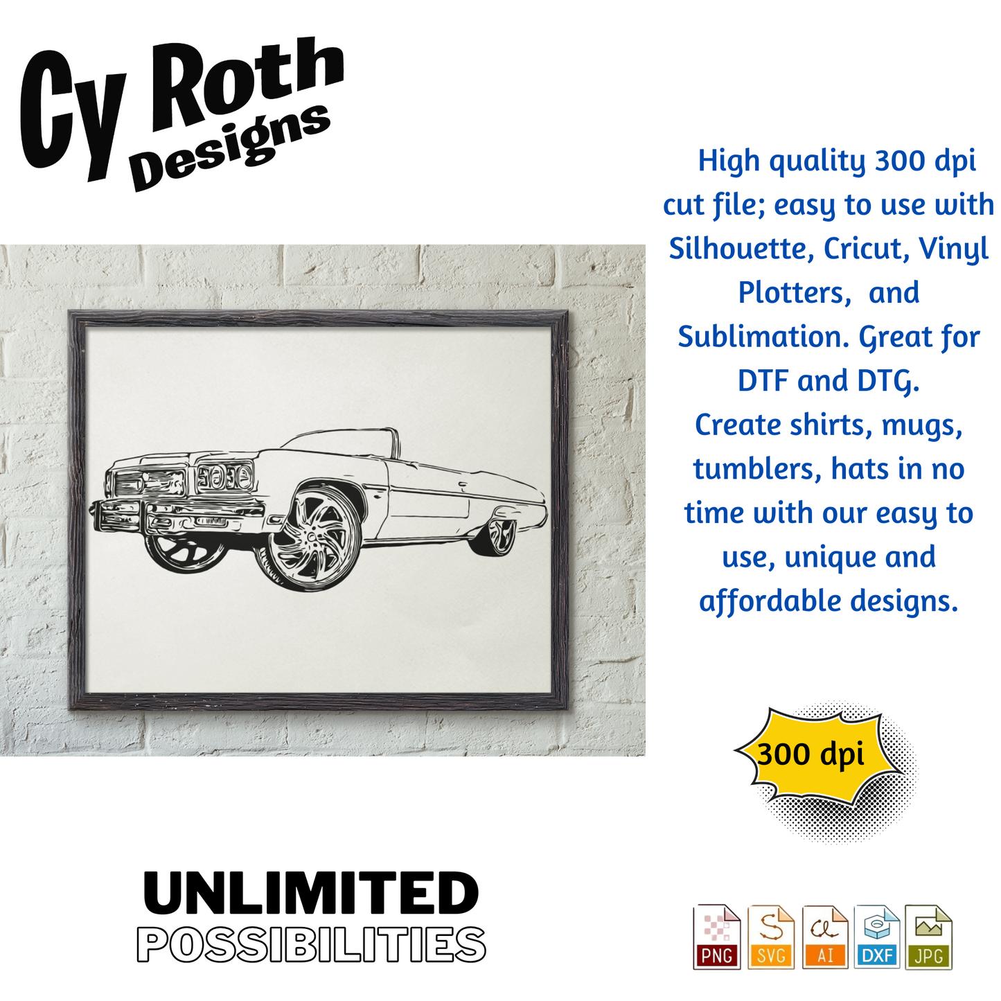 1975 Chevy Caprice DONK svg png jpg ai dxf file, for Silhouette, Cricut, Vinyl Plotters, Laser, CNC and Sublimation. Great for DTF and DTG.