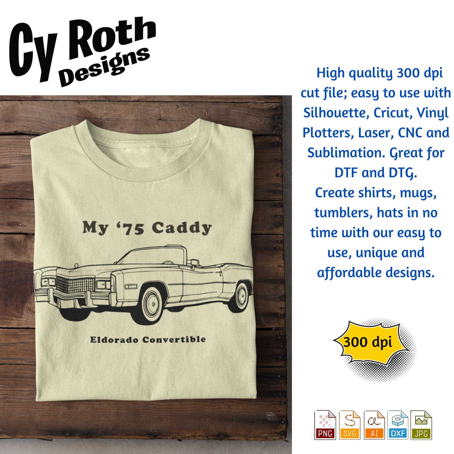 1975 Cadillac Eldorado svg png jpg ai dxf file, for Silhouette, Cricut, Vinyl Plotters, Laser, CNC and Sublimation. Downloadable File.