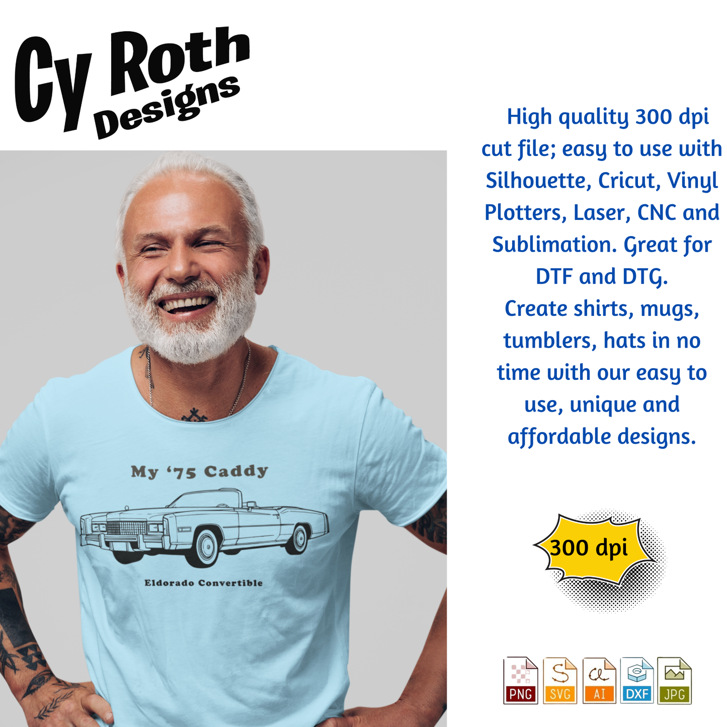 1975 Cadillac Eldorado svg png jpg ai dxf file, for Silhouette, Cricut, Vinyl Plotters, Laser, CNC and Sublimation. Downloadable File.