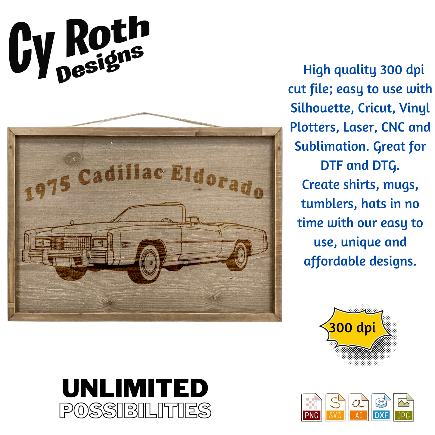 1975 Cadillac Eldorado svg png jpg ai dxf file, for Silhouette, Cricut, Vinyl Plotters, Laser, CNC and Sublimation. Downloadable File.
