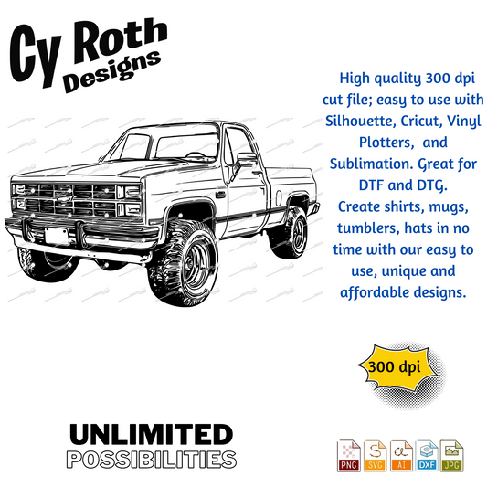 1985 Chevy Truck svg png jpg ai dxf file, for Silhouette, Cricut, Vinyl Plotters, Laser, CNC and Sublimation. Great for DTF and DTG.