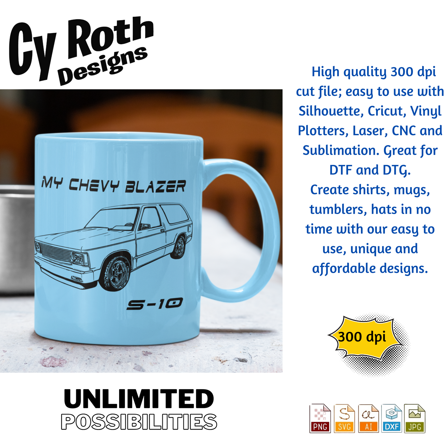 1989 Chevy S-10 Blazer svg png jpg ai dxf file, for Silhouette, Cricut, Vinyl Plotters, Laser, CNC and Sublimation. Great for DTF and DTG.