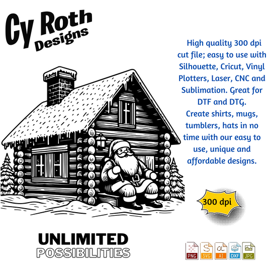 Christmas Cabin with Santa svg png jpg ai dxf file, for Silhouette, Cricut, Vinyl Plotters, Laser, CNC and Sublimation. Great for DTF and DTG.