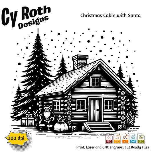 Christmas Cabin with Santa svg png jpg ai dxf file, for Silhouette, Cricut, Vinyl Plotters, Laser, CNC and Sublimation. Great for DTF and DTG.