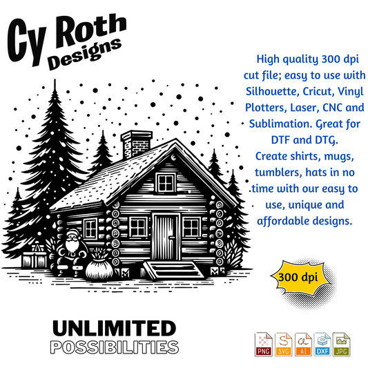 Christmas Cabin with Santa svg png jpg ai dxf file, for Silhouette, Cricut, Vinyl Plotters, Laser, CNC and Sublimation. Great for DTF and DTG.