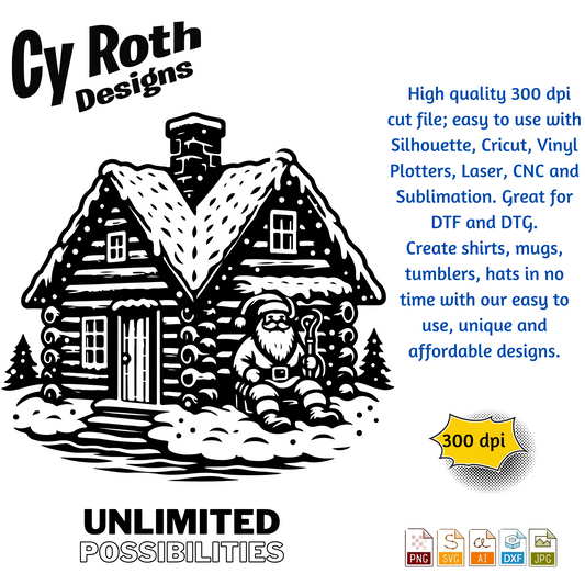 Christmas Cabin with Santa svg png jpg ai dxf file, for Silhouette, Cricut, Vinyl Plotters, Laser, CNC and Sublimation. Great for DTF and DTG.