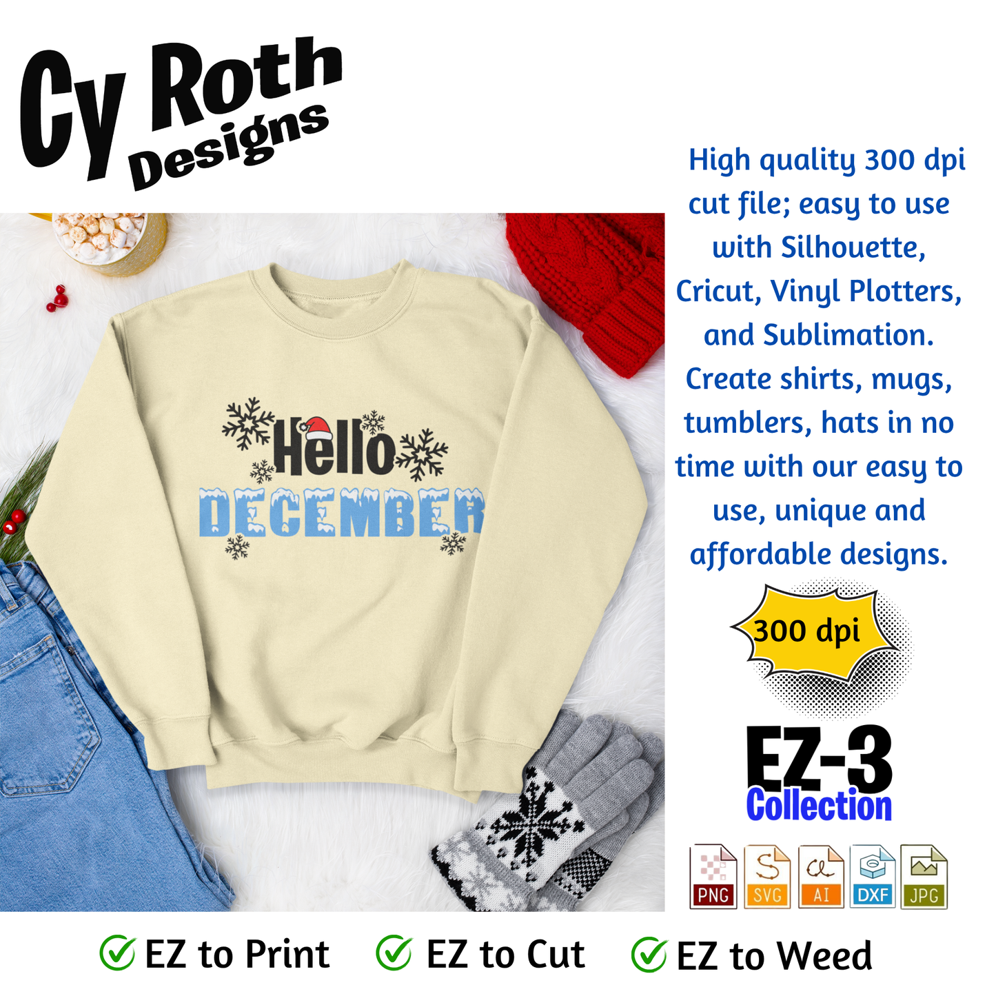 Christmas or winter svg - Hello December. Vector and Color Designs for Tumblers, Shirts, Wall Art (PNG, SVG Digital Download)