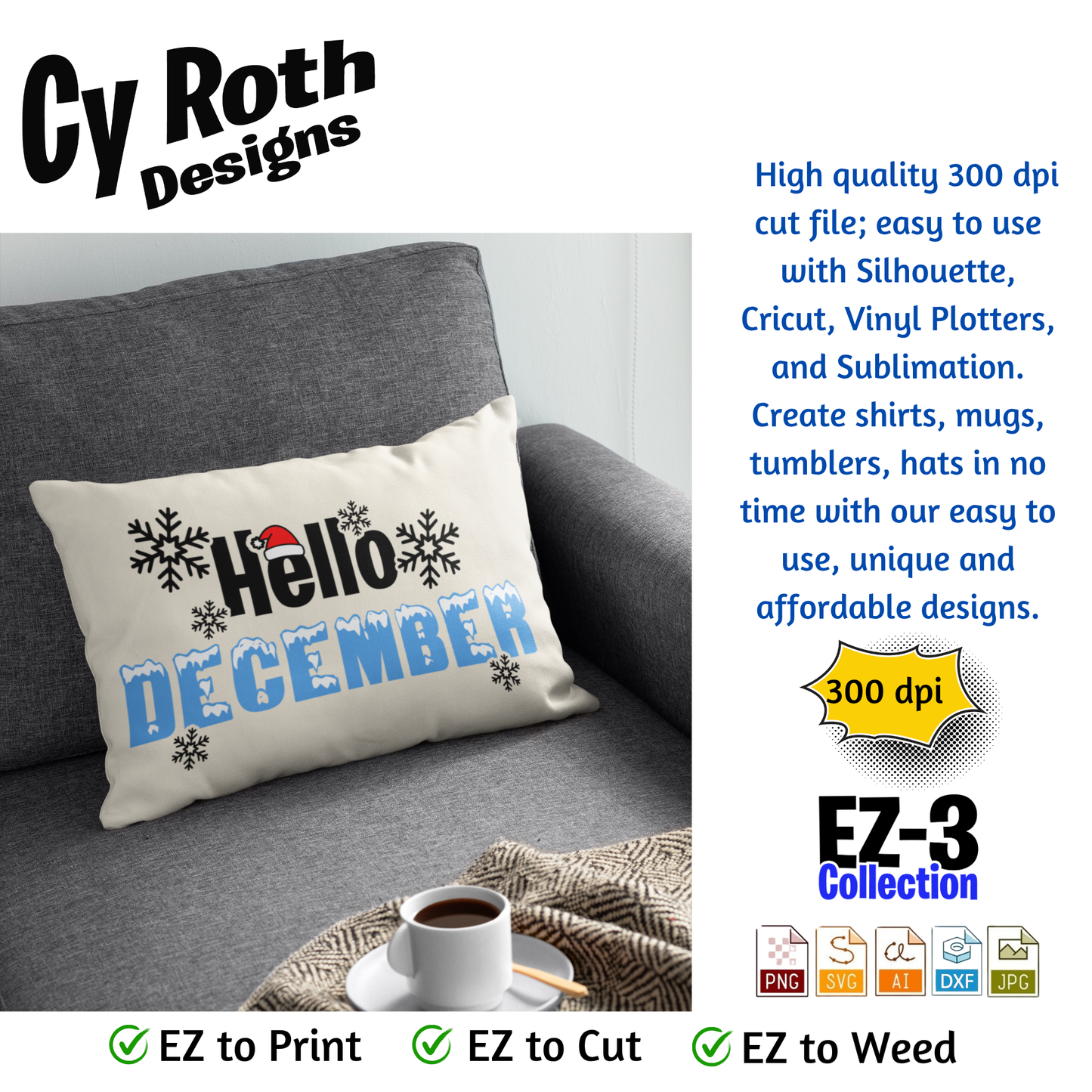 Christmas or winter svg - Hello December. Vector and Color Designs for Tumblers, Shirts, Wall Art (PNG, SVG Digital Download)