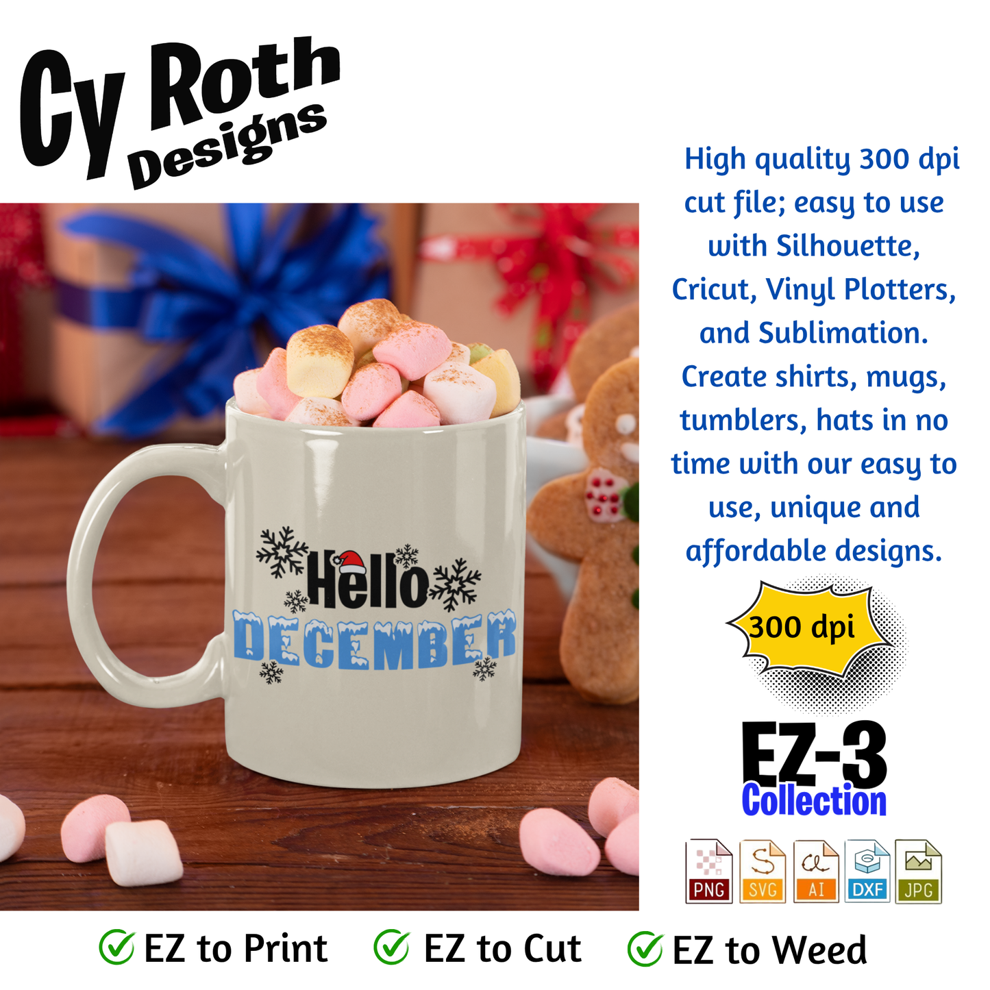 Christmas or winter svg - Hello December. Vector and Color Designs for Tumblers, Shirts, Wall Art (PNG, SVG Digital Download)