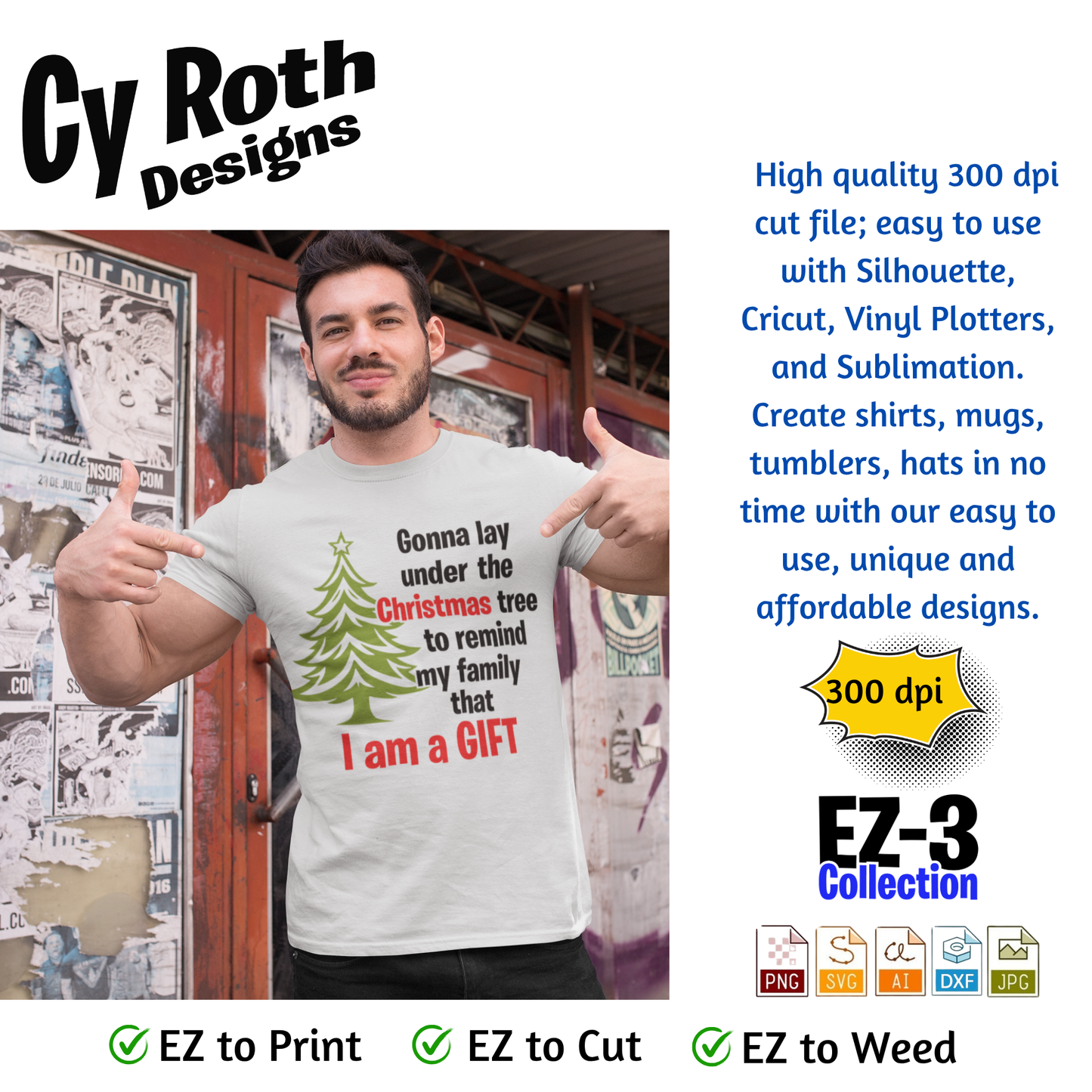 Man wearing t-shirt with funny Christmas saying - "I am a gift". 