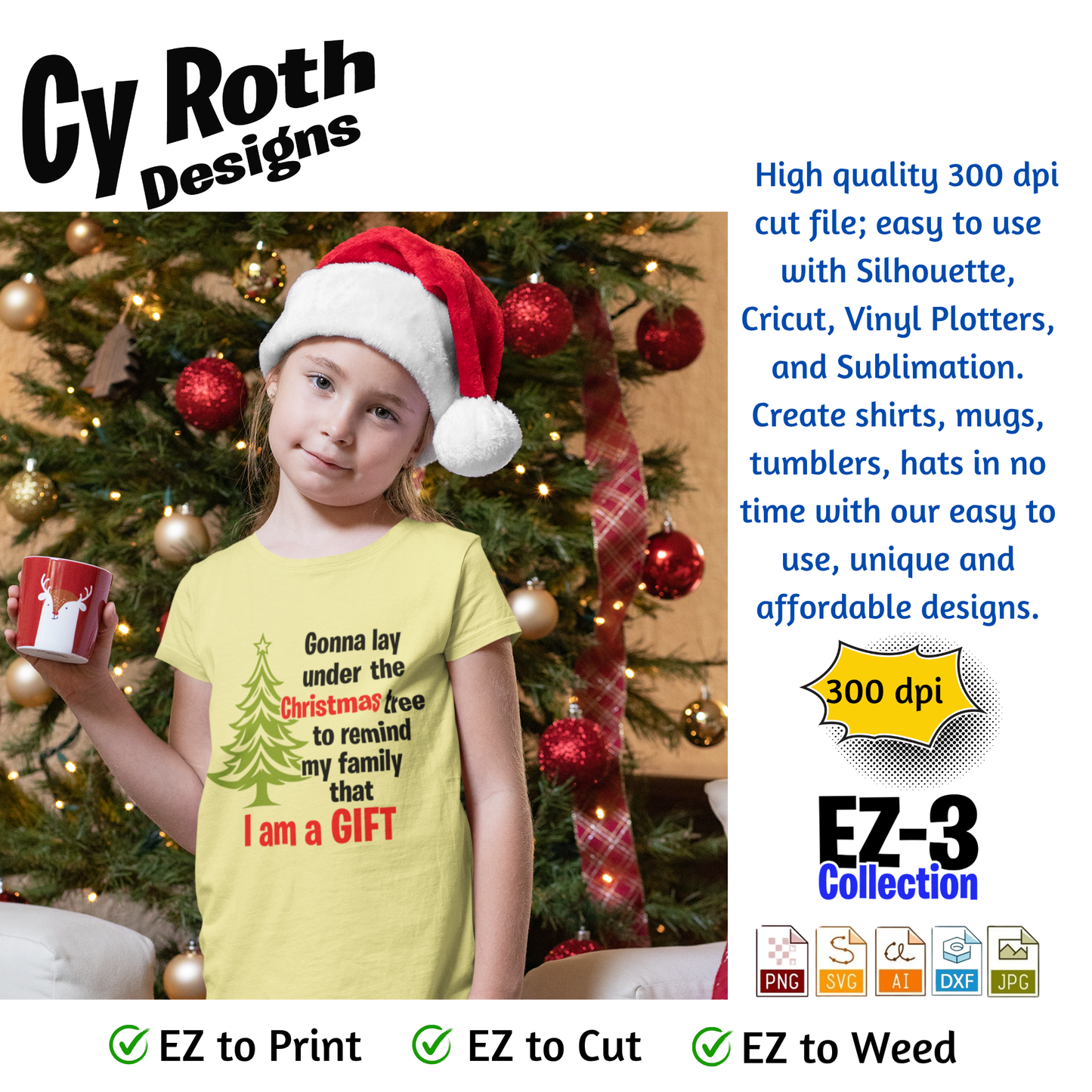 Girl wearing a t-shirt with funny Christmas saying - "I am a gift"