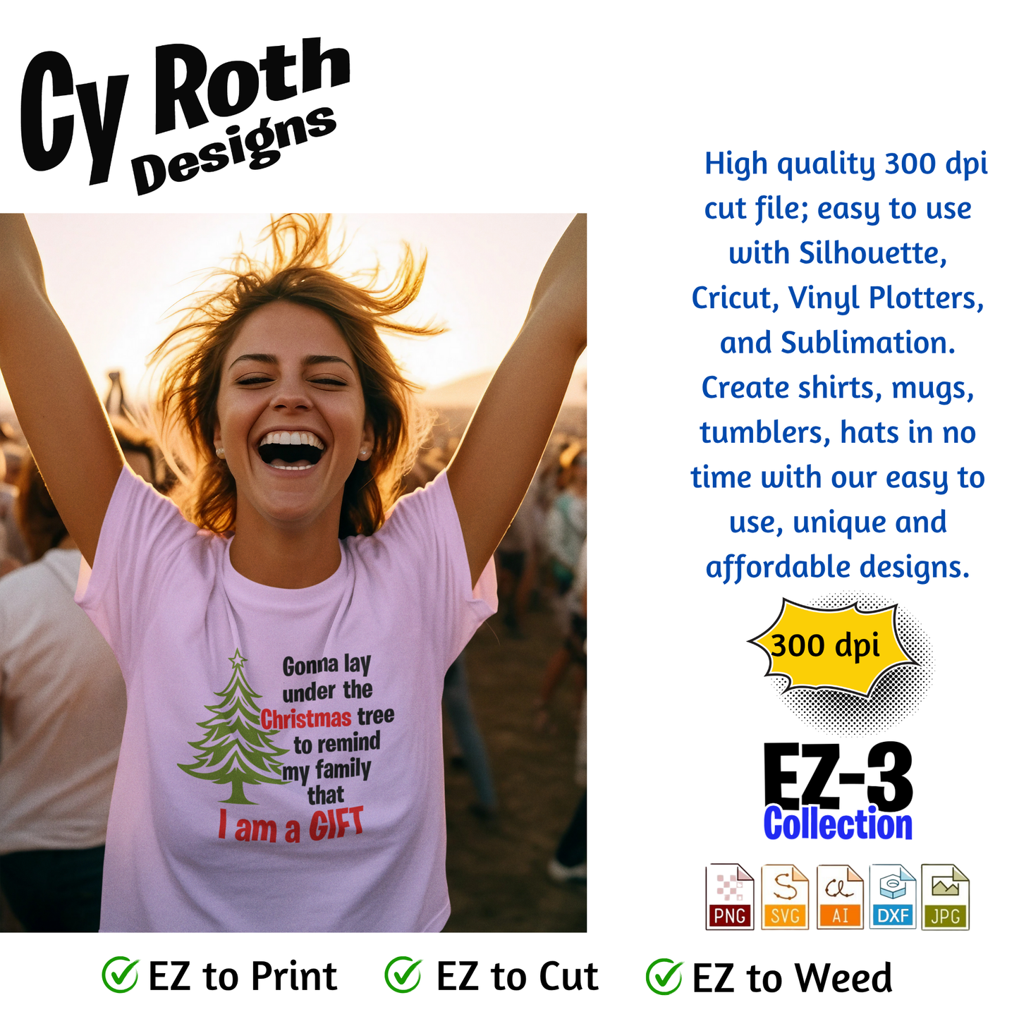 Woman wearing a t-shirt with funny Christmas saying - "I am a gift"