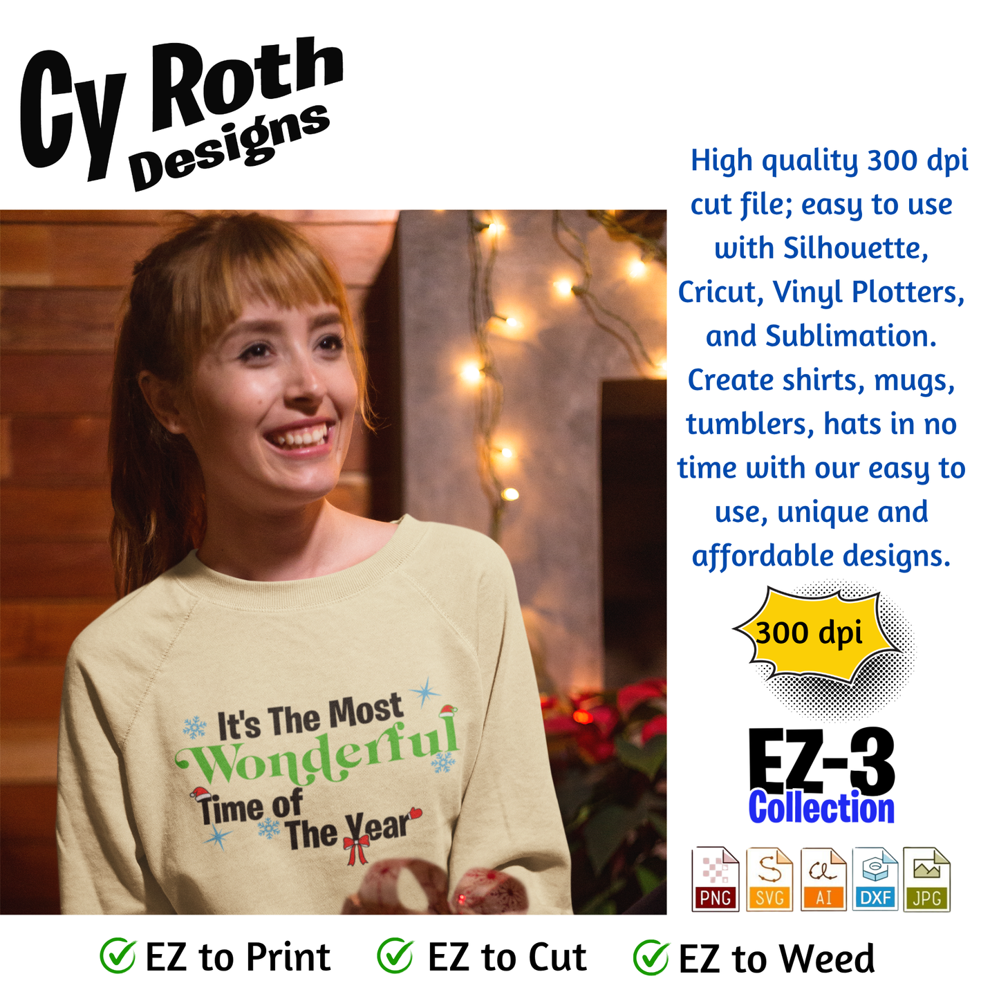 Woman wearing sweatshirt featuring  Christmas saying "It's The Most Wonderful Time of The Year"