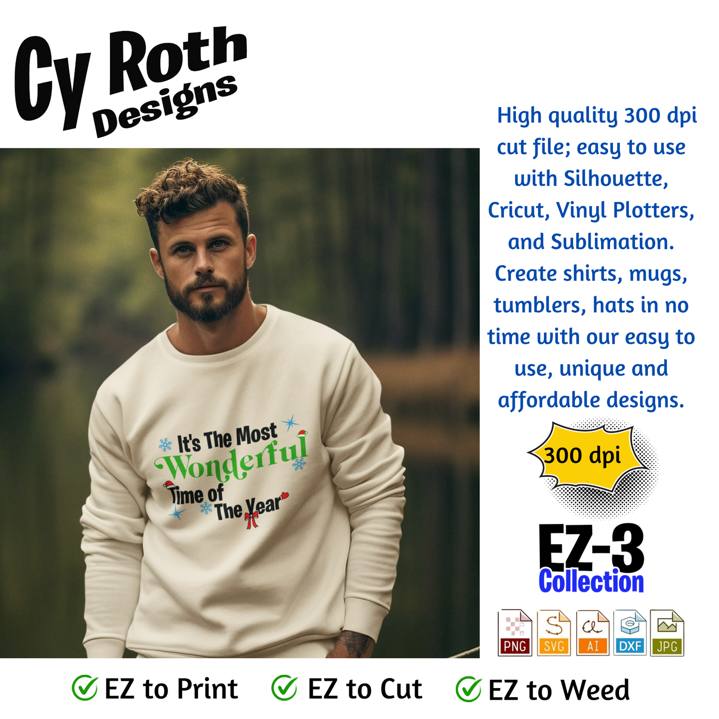 Man wearing sweatshirt with Christmas saying "It's The Most Wonderful Time of The Year"