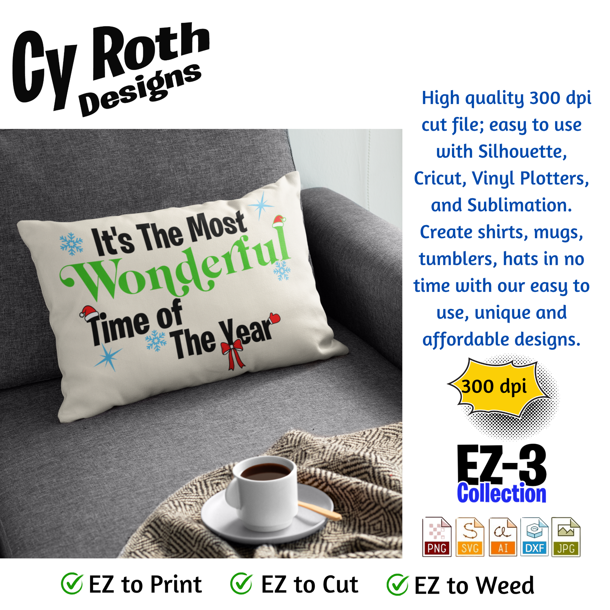 Decorative pillow with Christmas saying "It's The Most Wonderful Time of The Year"