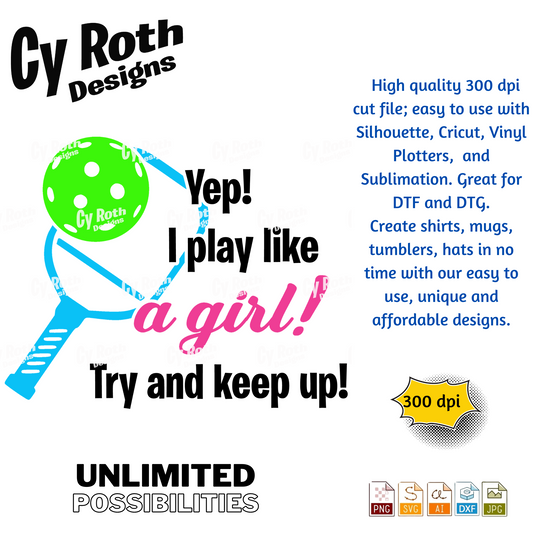 Pickleball Girl svg png jpg ai dxf file, for Silhouette, Cricut, Vinyl Plotters, Laser, CNC and Sublimation. Great for DTF and DTG.