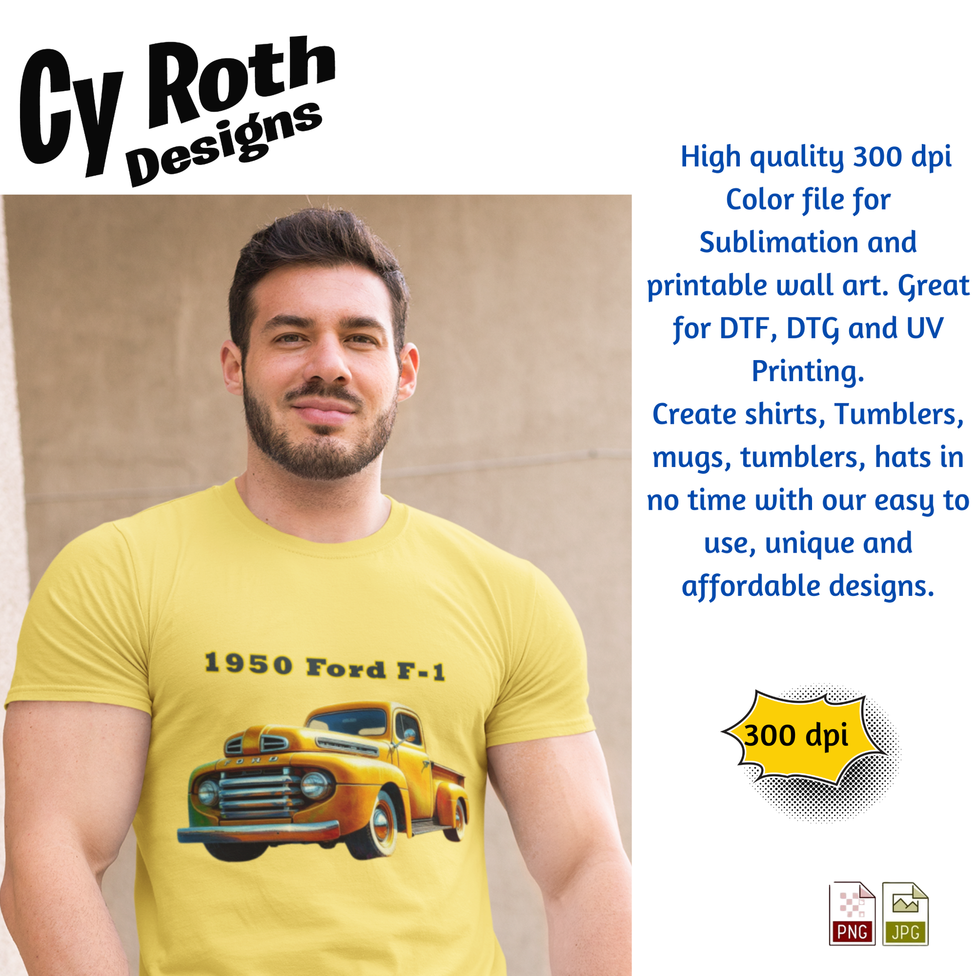 Man wearing t-shirt with 1950 Ford Truck sublimation art.