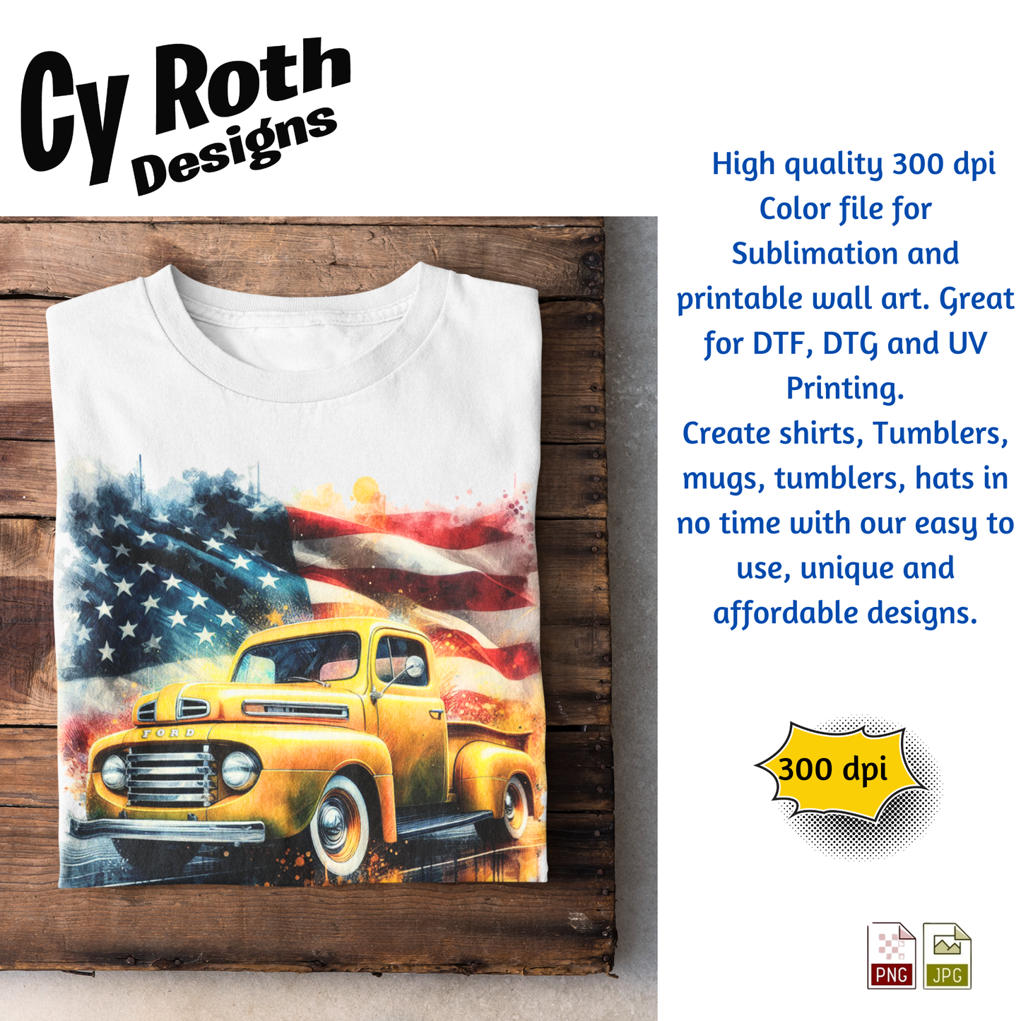 T-shirt with yellow 1950 Ford Truck Sublimation Design